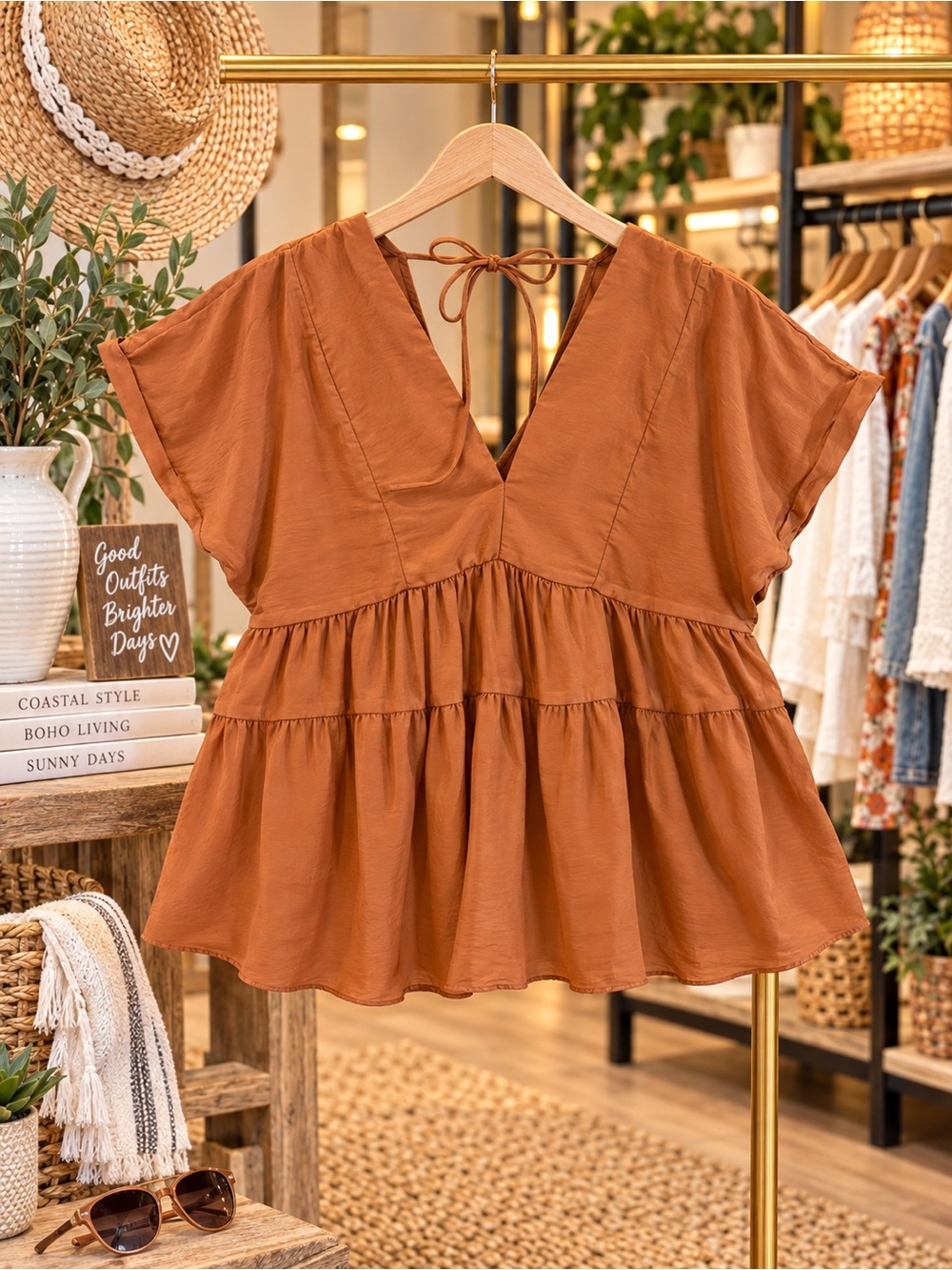 entro Tiered V-Neck Tunic in Rust